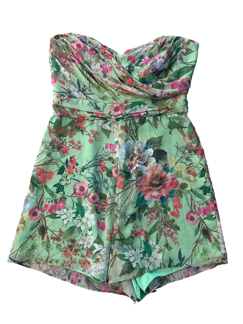 JAYGODFREY Green Floral Strapless Romper with Pink Accents